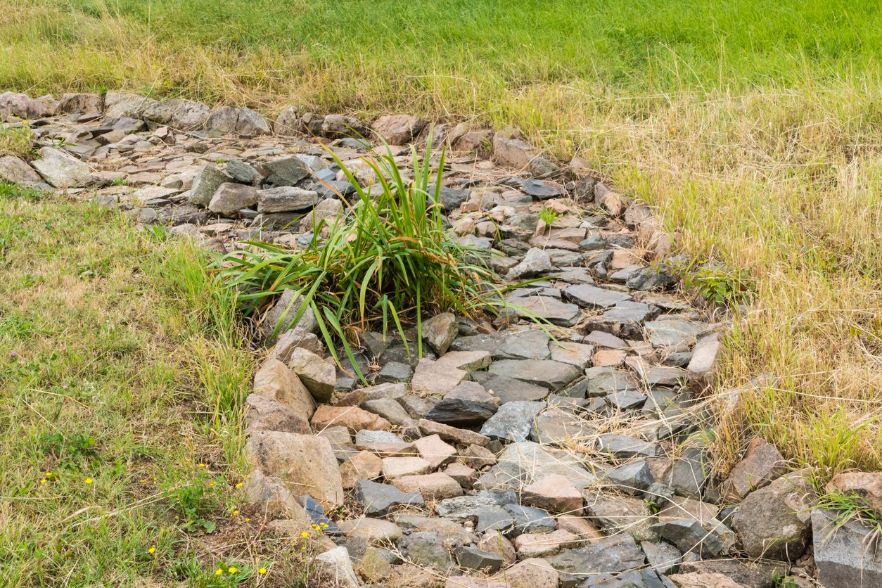 Dry creek bed drain made of river stone in green field.