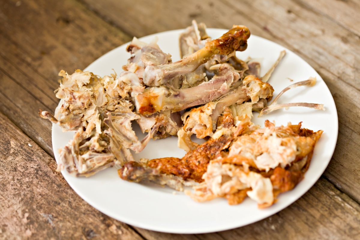 Plate of eaten chicken bones.