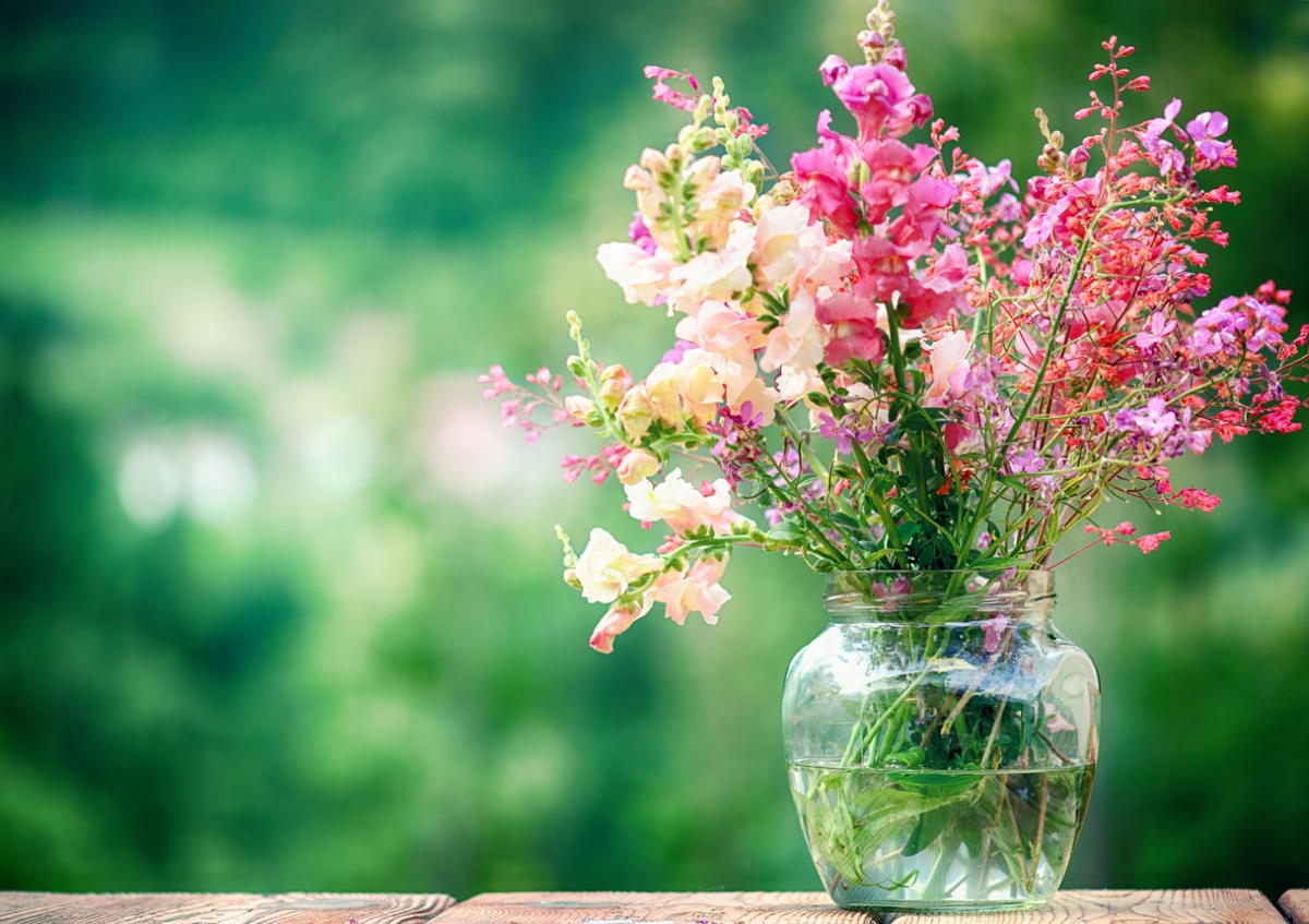 Flowers in clear vase.