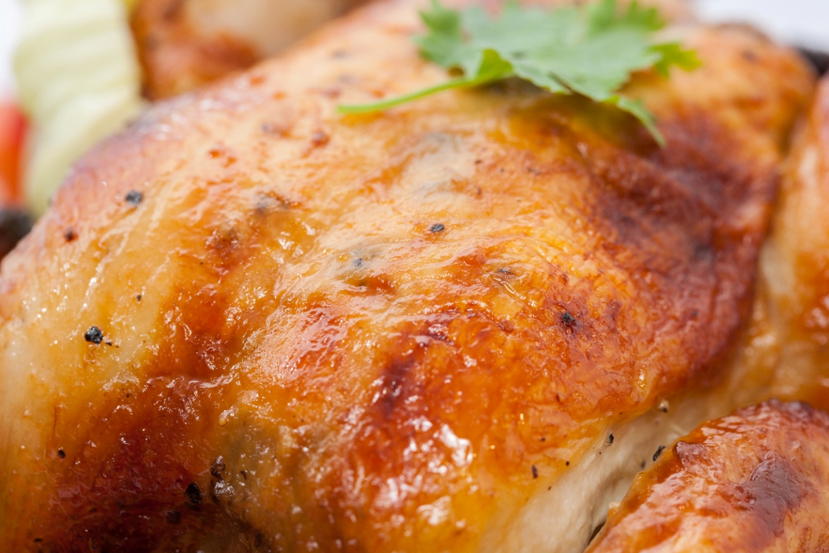 Close up of roasted chicken.