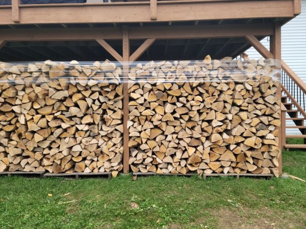 Large stack of firewood with plastic wrap on top.