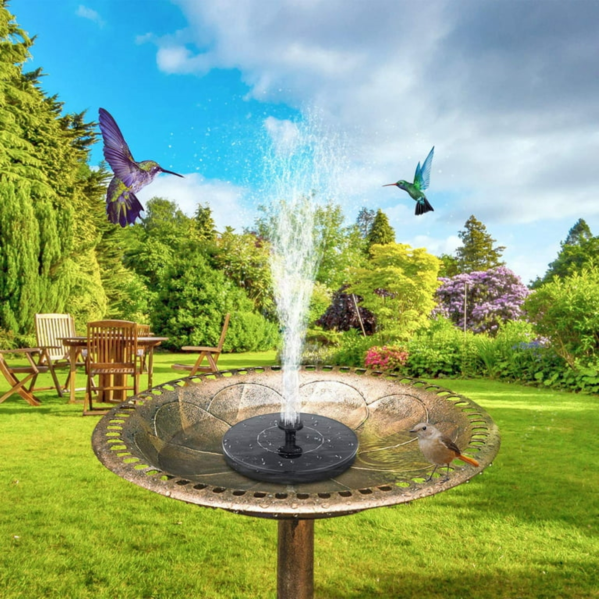 Solar bird bath fountain with birds.