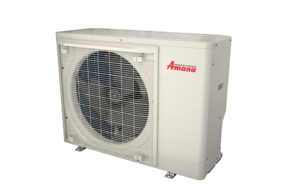 An Amana heat pump is shown on a white background.