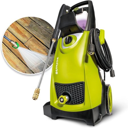  The Sun Joe 14.5-Amp Electric Pressure Washer on a white background with an inset image of it being used to power wash a deck.