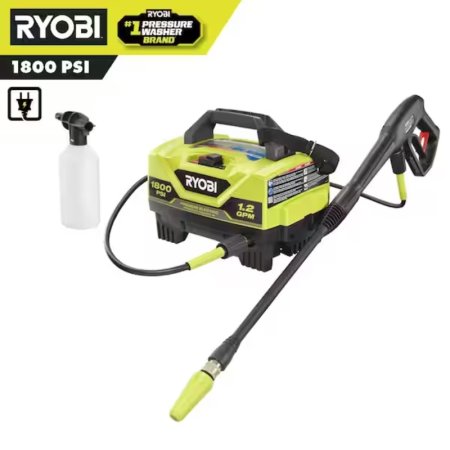  The Ryobi 1800 PSI 1.2 GPM Electric Pressure Washer with its included components and some text showing the brand name and a couple product details.