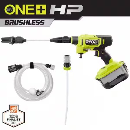  The Ryobi One+ HP 18V EZ Clean Power Cleaner Kit with its included accessories and text showing its brand name and an award badge from The Home Depot.