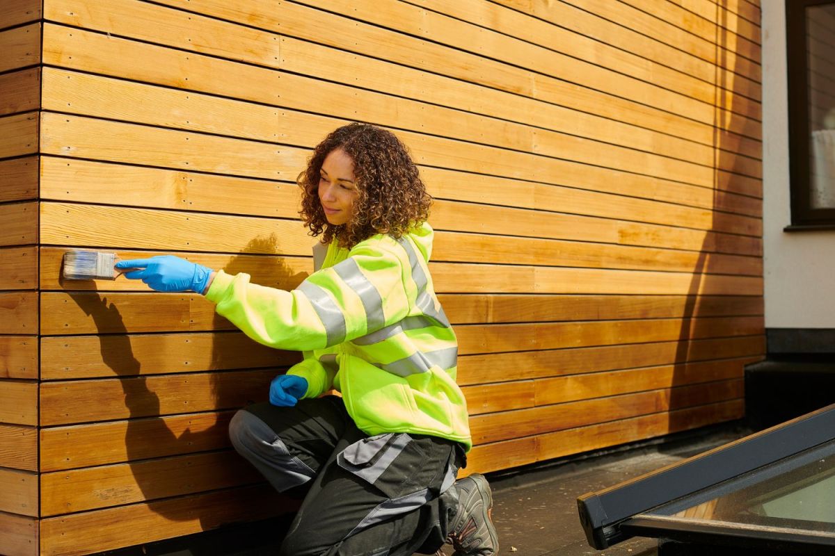 A woman in a yellow jacket finishes siding.