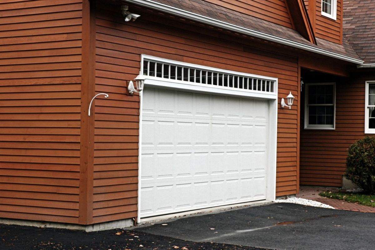 A view of a garage with brown siding. 