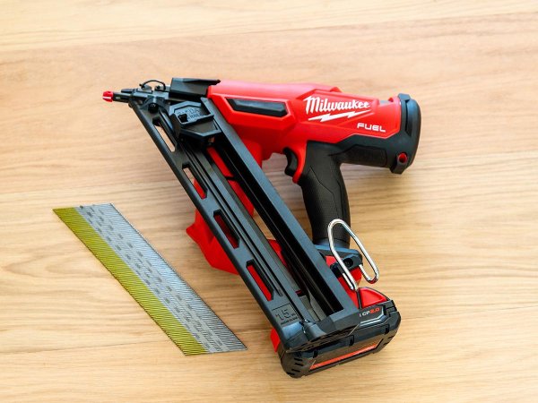 The Milwaukee 15-Gauge Finish Nailer next to its magazine before testing.