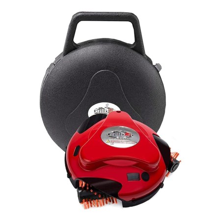  The Grillbot Automatic Grill Cleaning Robot and its case on a white background.
