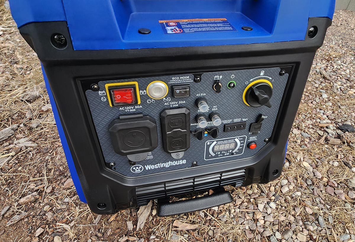 The Westinghouse iGen4500 portable inverter generator on mulch during testing.