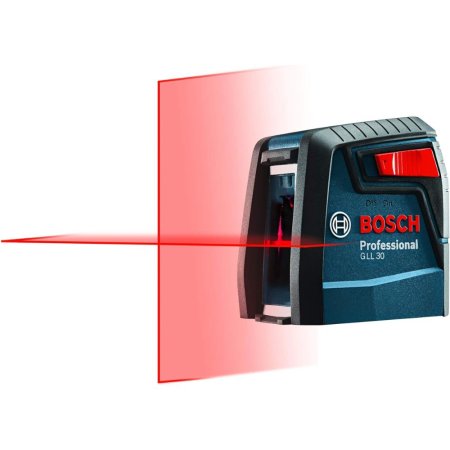  The Bosch GLL 30 Self-Leveling Cross-Line Laser Level with red laser lines around it on a white background.