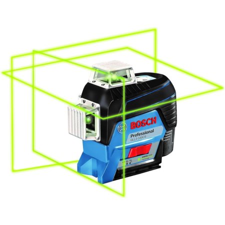  The Bosch GLL3-330CG 360° Green-Beam Three-Plane Laser with a series of green laser lines around it.