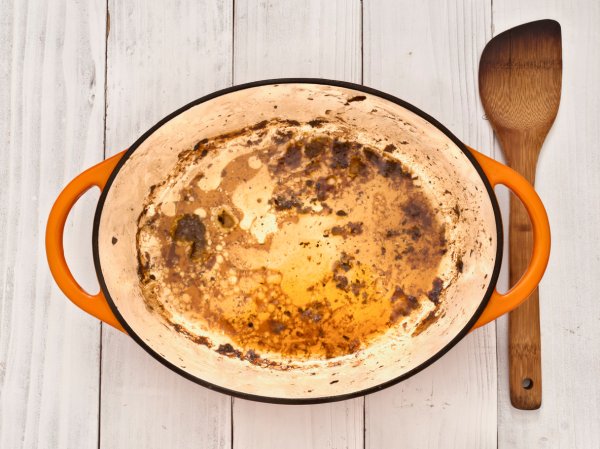 Orange enamel pot stained and discolored with food.