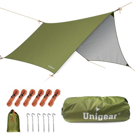  The Unigear Waterproof Hexa Tarp Shelter in a tent shape with its bag, cord, and stakes on a white background.