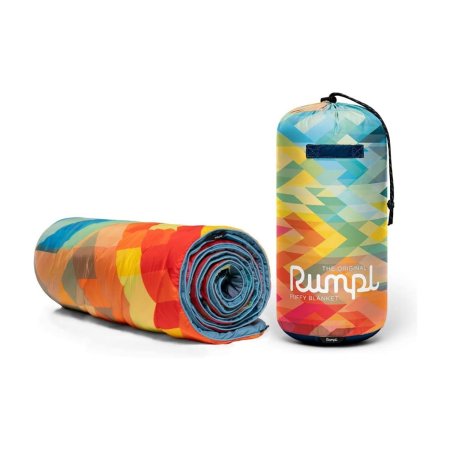  Two Rumpl Original Puffy Blankets rolled up on a white background with one in its pouch.