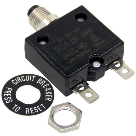  The Rkurck 30 Amp Push-Button Circuit Breaker on white background.