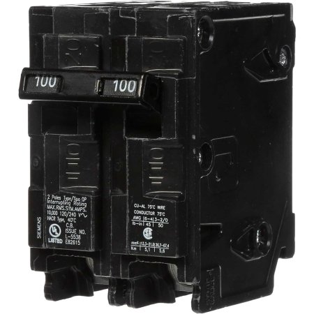  The Siemens 100 Amp Double-Pole Circuit Breaker on a white background.