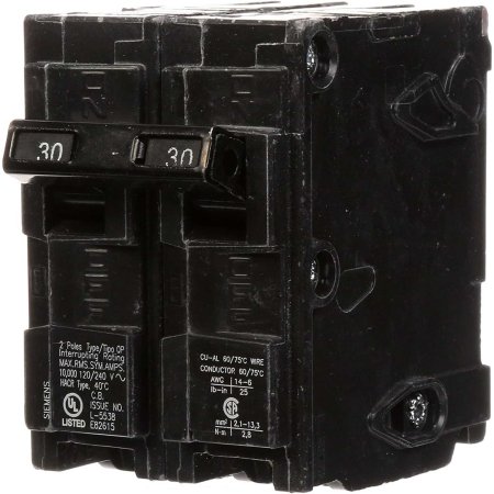  The Siemens 30 Amp Double-Pole Circuit Breaker on a white background.