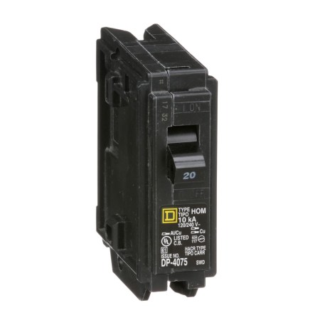  The Square D 20 Amp Single-Pole Circuit Breaker on a white background.