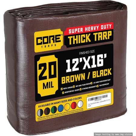  The Core Tarps Super Heavy-Duty Thick Tarp with its label on a white background.