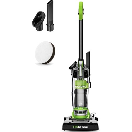  The Eureka NEU100 AirSpeed Compact Bagless Upright Vacuum and its attachments on a white background.