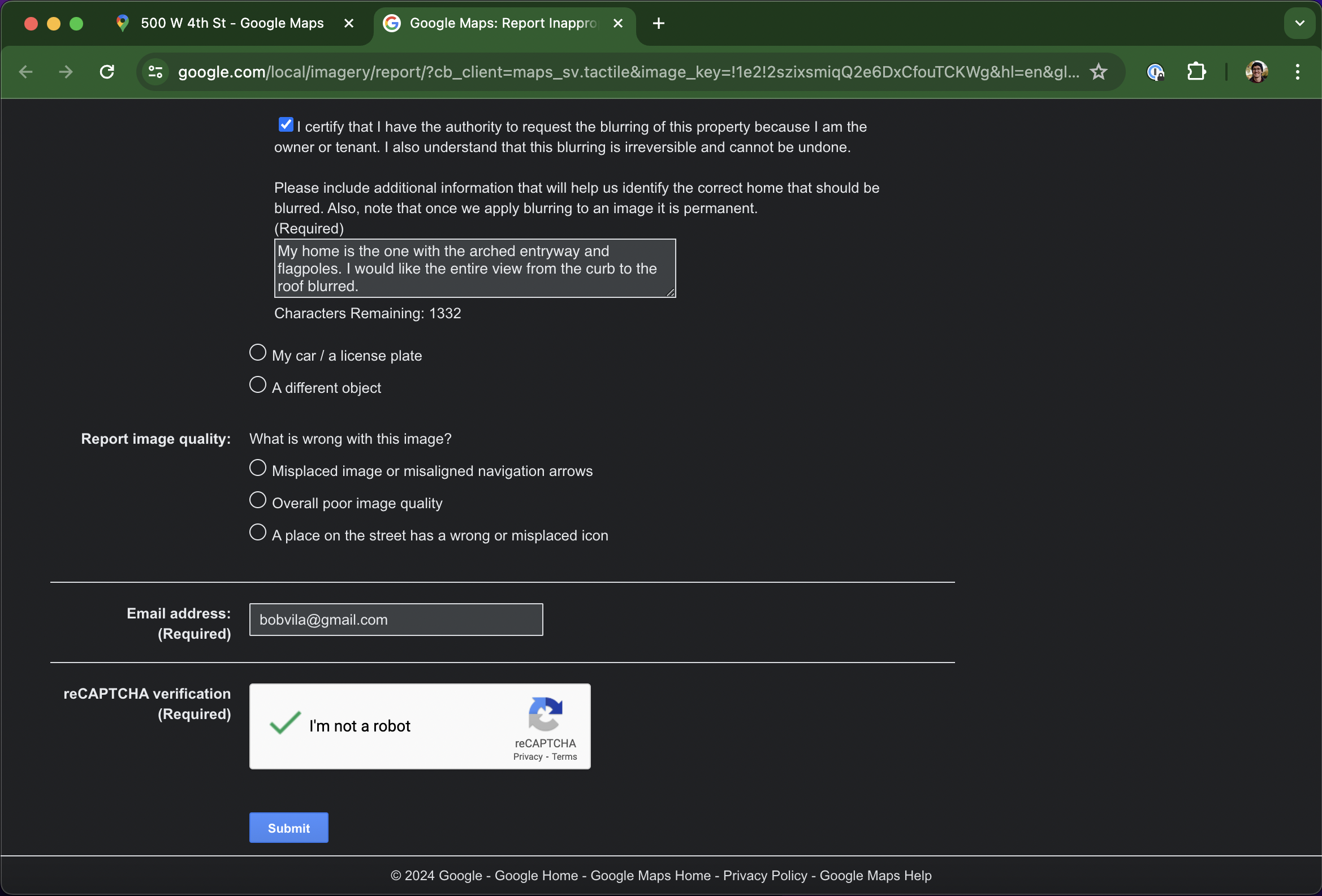 The Google Maps form for blurring and/or reporting incorrect map data, which includes checkboxes, a text field, and a completed Captcha field.