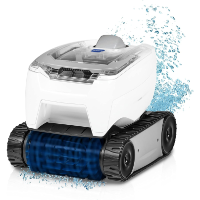 Polaris P70 Pool Cleaner on a white background with illustrated bubbles