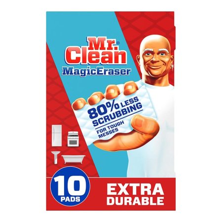  A box of 10 Mr. Clean Extra Durable Magic Erasers on a white background.