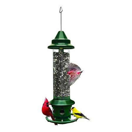  The Brome Squirrel Buster Plus Feeder With Cardinal Ring full of seed with birds around it on a white background.