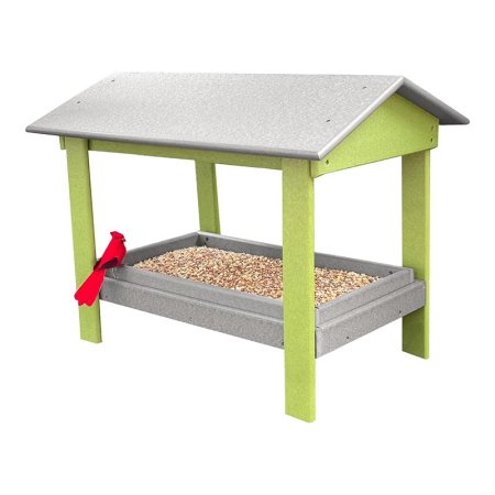  The DutchCrafters Amish Poly Covered Ground Bird Feeder full of seed with a cardinal on a white background.