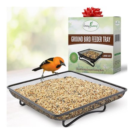  The Gray Bunny Bird Feeder Tray full of seed with a bird and its packaging.