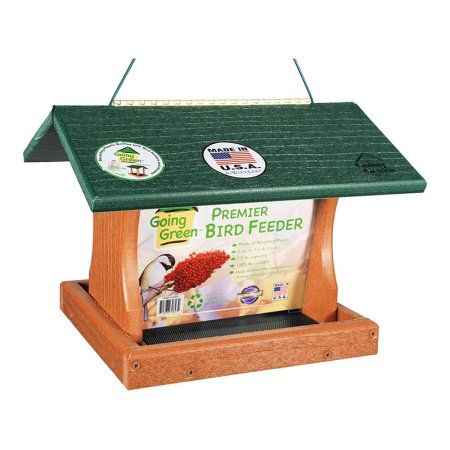  The Woodlink Going Green Large Premier Feeder with its product information insert on a white background.