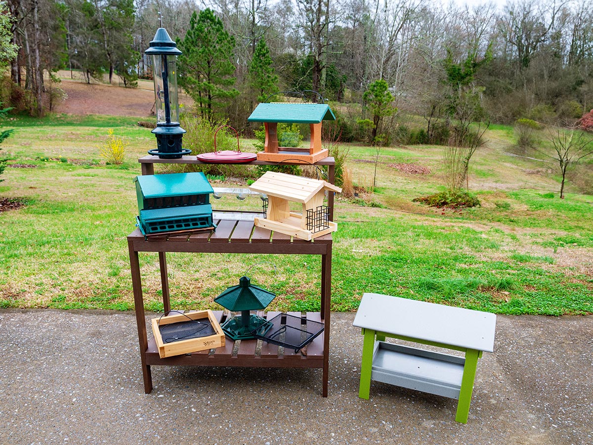 A group of the Best Bird Feeders for Cardinals outdoors before testing.