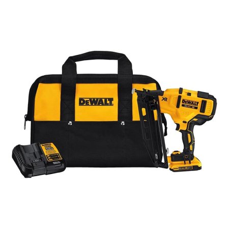  The DeWalt 20V MAX XR 16 GA Cordless Angled Finish Nailer on a white background.