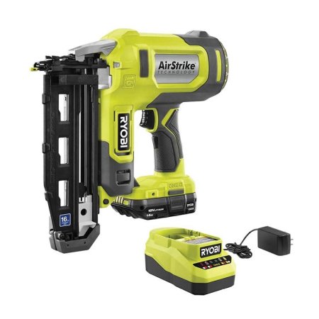  The Ryobi ONE+ 18V AirStrike 16 GA Finish Nailer Kit on a white background.