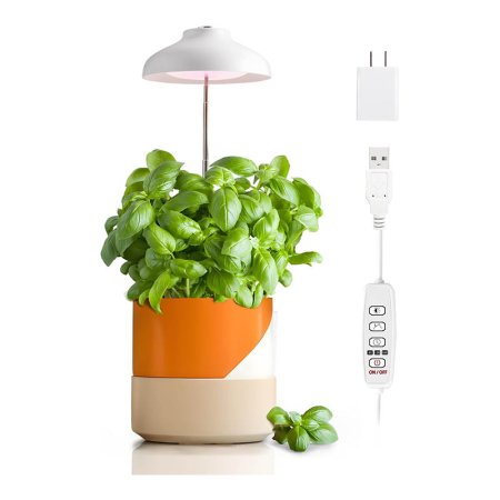  The GrowLED LED Umbrella Grow Light and a basil plant on a white background.