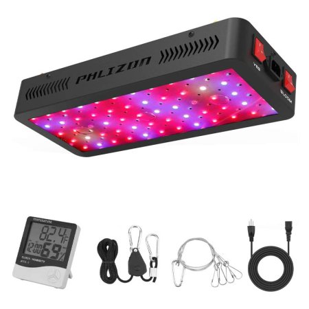  The Phlizon 600W Full Spectrum LED Grow Light glowing pink with its included accessories on a white background.