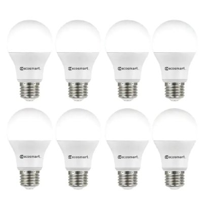 Eight of the EcoSmart 9W Non-Dimmable LED Light Bulbs on a white background.