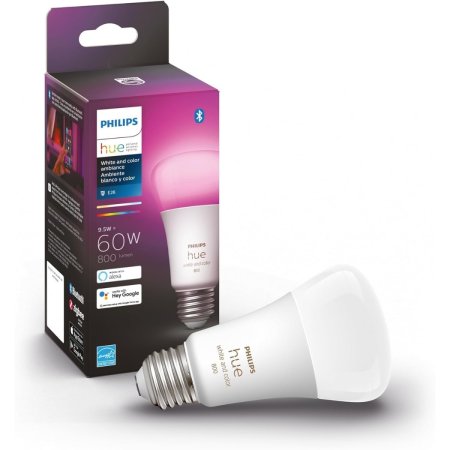  The Philips Hue 9.5W E26 Smart LED Light Bulb and its box on a white background.