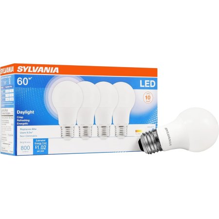  The Sylvania 8.5W Daylight Non-Dimmable LED Light Bulb and box on a white background.