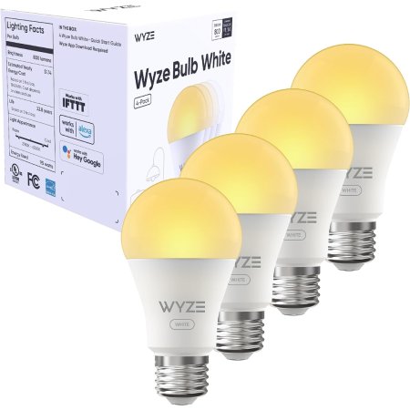  Four of the Wyze 800 Lumen 90+ CRI Smart LED Light Bulbs and their box lit up on a white background.