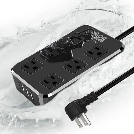  The APS IPX6 9-in-1 Outdoor Power Strip with water splashing on it.