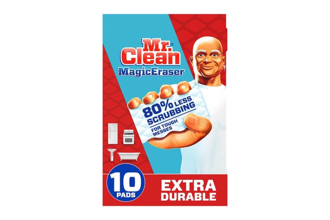  A box of Mr. Clean Extra-Durable Magic Erasers on a white background.