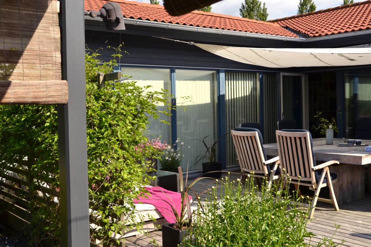 The best patio shade covering an attractive outdoor space and table.