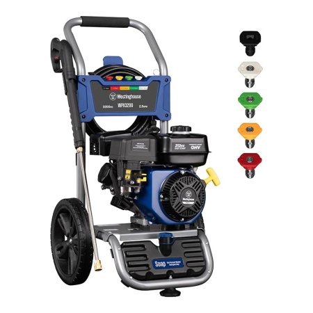  The Westinghouse WPX3200 Pressure Washer and its included nozzles on a white background.