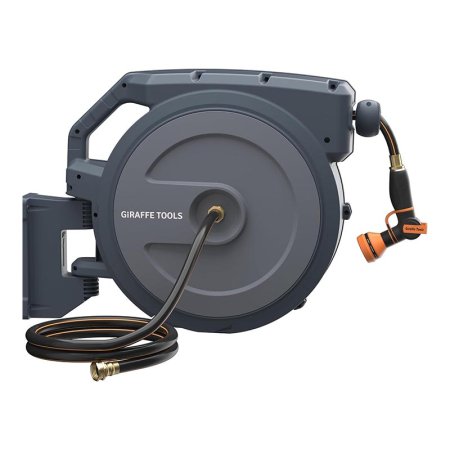  The Giraffe Tools 90-Foot Retractable Garden Hose Reel on a white background.