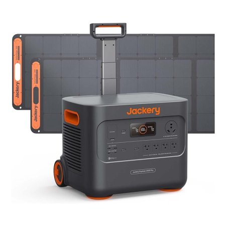  The Jackery Solar Generator 3000 Pro with two solar panels on a white background.