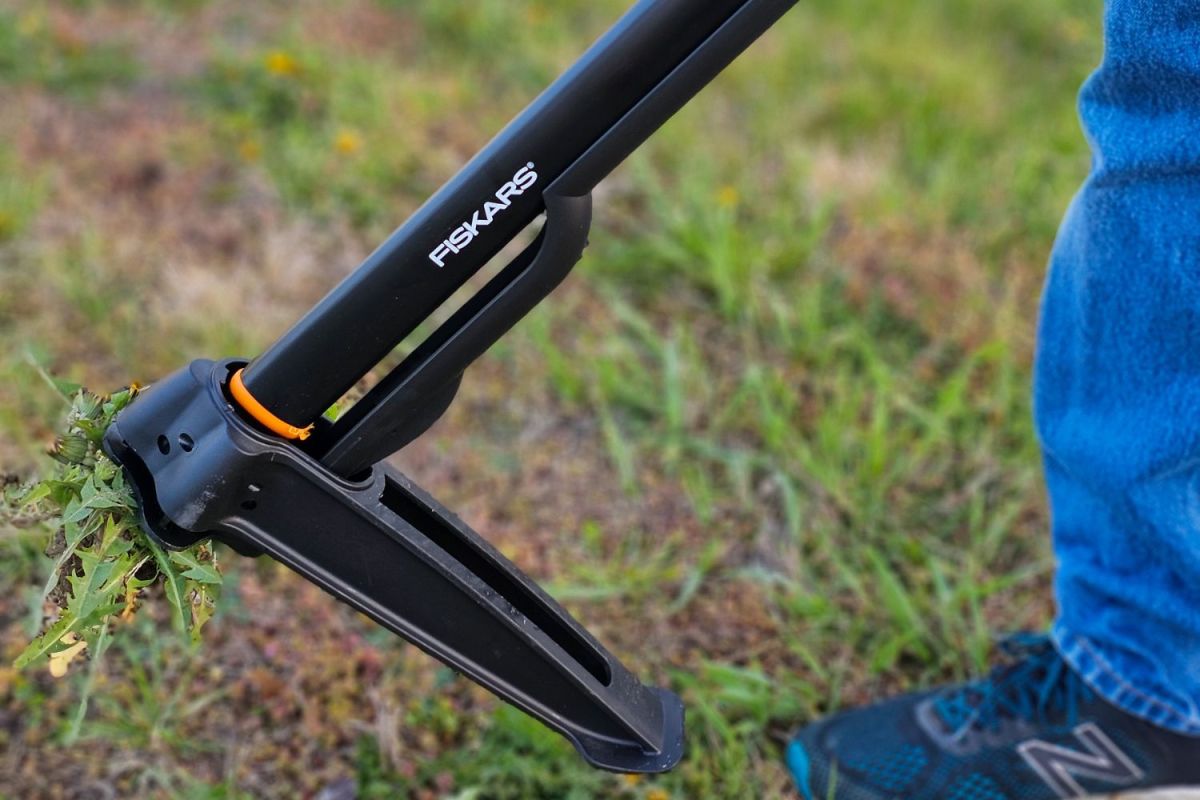 The Fiskars Stand-Up Weed Puller going into the ground during testing.
