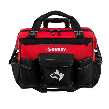  The Husky 18-Inch 18-Pocket Rolling Tool Bag on a white background.